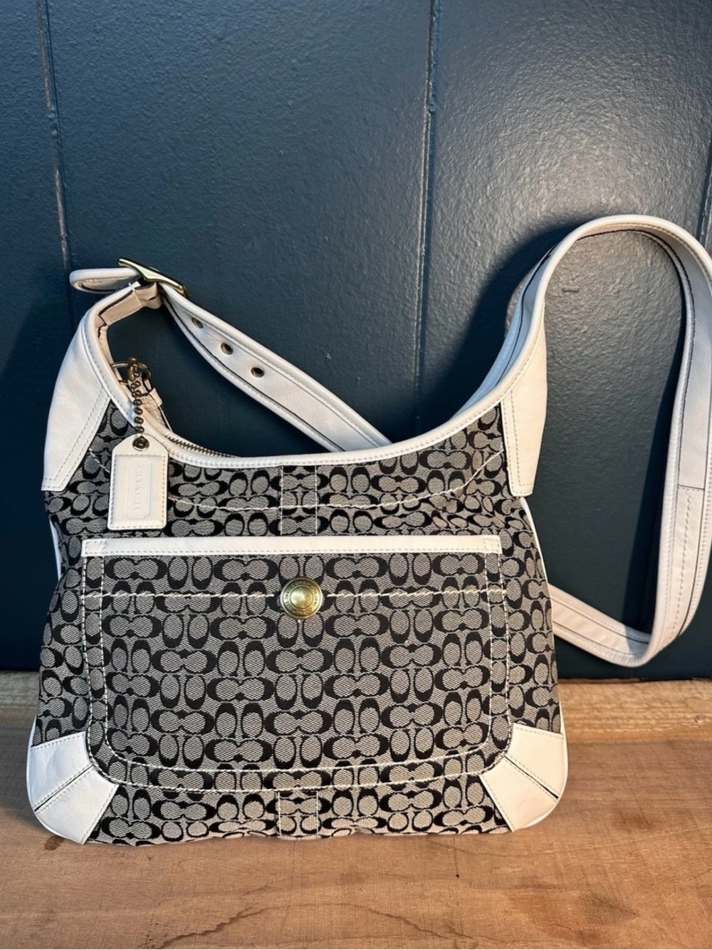 Coach 10775 Signature Jacquard Hobo Bag White Leather Y2K